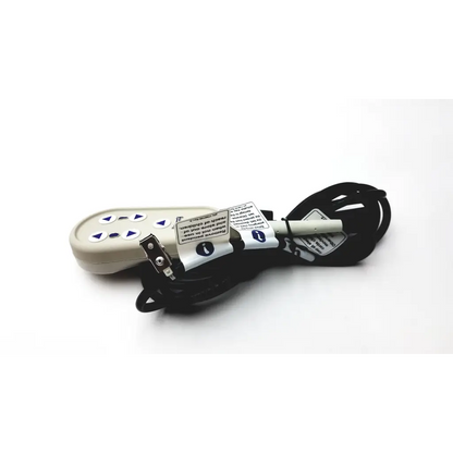 Beige 3-pin g series bed hand control pendant with black cord and white label stickers connects to bed’s control box