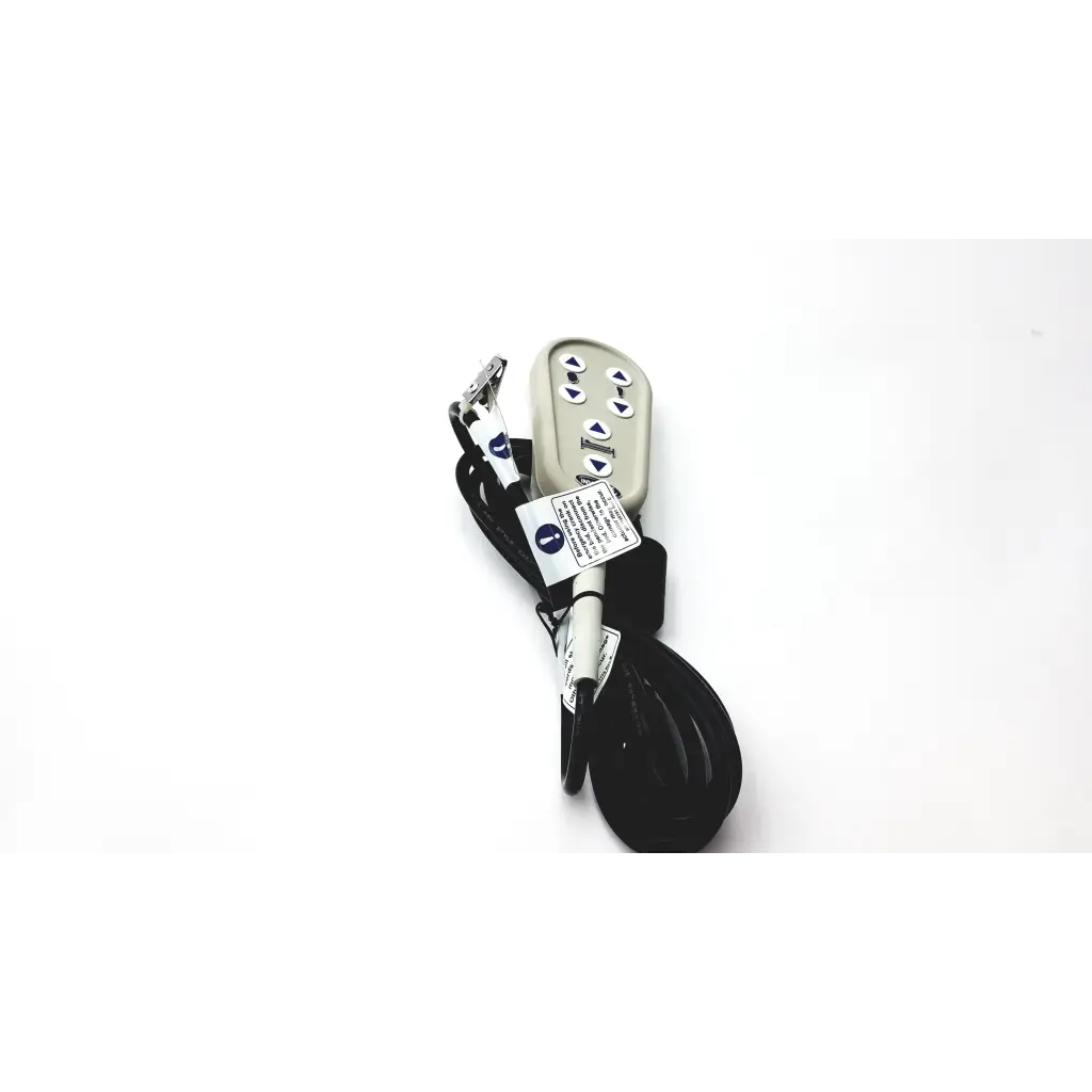 Gray plastic 3-pin g series bed hand control pendant with black cord and button labels connects to bed’s control box via 3-pin connector