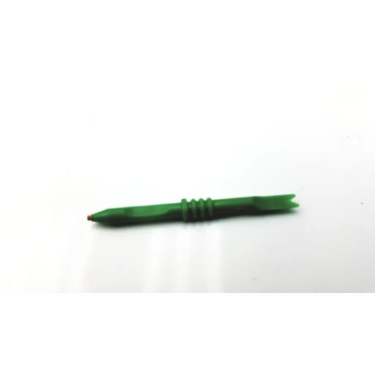 Green plastic arrow nock with three ridges and pointed tip shown with 32 count starkey custom hearing aid medium brown microphone covers