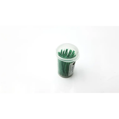 Green plastic dental floss picks in a clear container shown with 32 count starkey custom hearing aid medium brown microphone covers