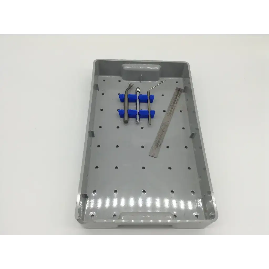 Gray plastic 3i Biomet dental implant surgery instrument kit with blue rubber holders and metallic tools for tapered implant depth