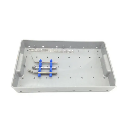 Gray plastic 3i biomet dental implant surgery instrument kit with blue-handled tools and metal ruler for tapered implant depth