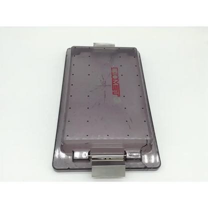Gray plastic tewet brand lid with metallic hinge and red logo for 3i biomet dental implant kit for tapered implant depth