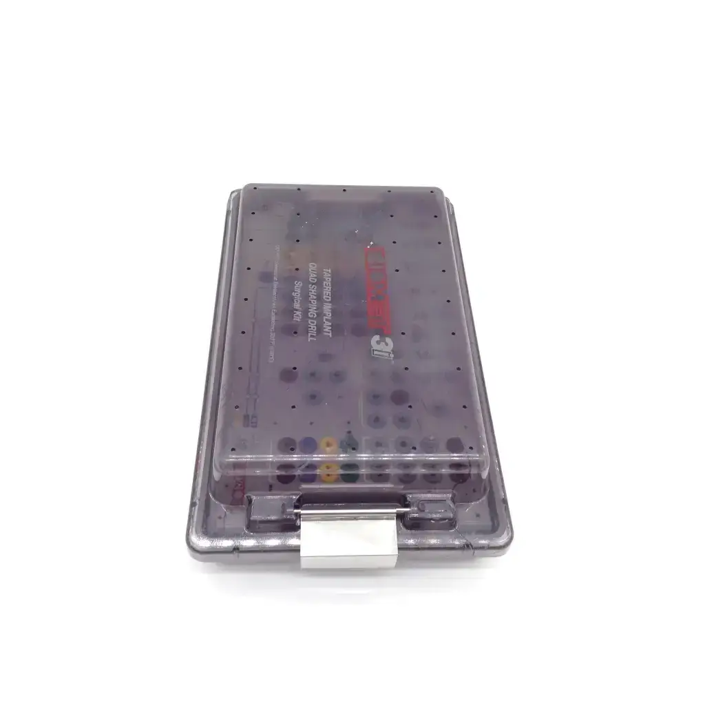 Transparent plastic 3i biomet dental implant surgery instrument case with silver latch and tapered implant depth tools
