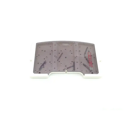 Gray translucent plastic surgical instrument tray with red lexus branding holding tapered implant depth tools for 3i biomet dental implant surgery kit