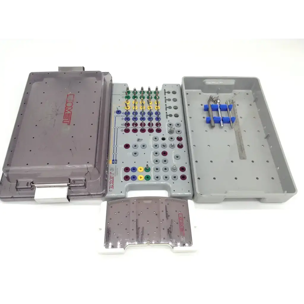 Gray plastic 3i biomet dental implant surgery instrument kit with organized compartments for tapered implant depth tools