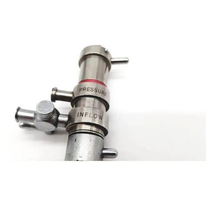 Stainless steel 3M 83272 surgical pressure inflow cannula with rotating stopcocks and engraved labels