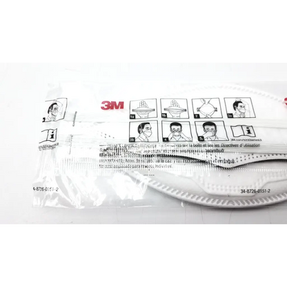 White 3m aura 9210+ protective face mask in clear plastic packaging with instructional diagrams for face protection