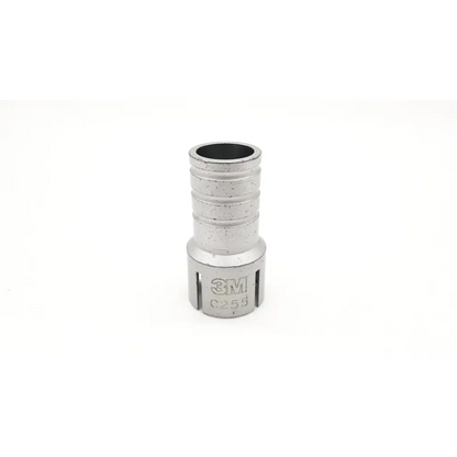 Silver metallic 3m c255 orthopedic surgical hose connector with ribbed texture and threaded ends for orthopedic surgical guard
