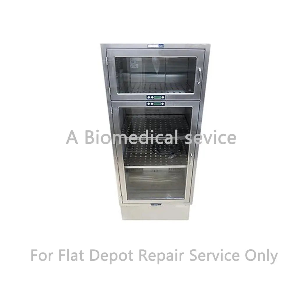 Stainless steel two-door sterilization cabinet with glass panels and perforated trays for medical equipment repair service