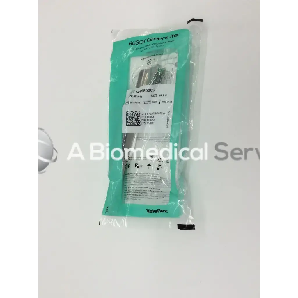 Load image into Gallery viewer, A Biomedical Service Teleflex  Rusch Green Lite Mill 3 Metal Laryngoscope Blade for Fiber Optic System 004550003 10.00