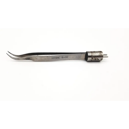 Silver surgical forceps dumont fils 3785 055 with curved pointed tips and cylindrical handle marked smhmc 6-82