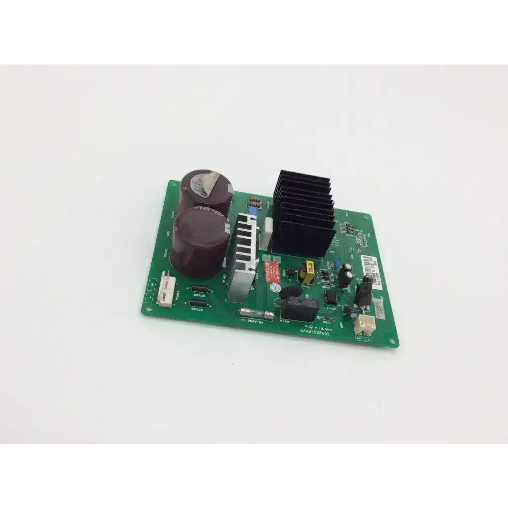 Green fridge control board with two brown capacitors and black heat sink control board ebr64173903 ean40183801
