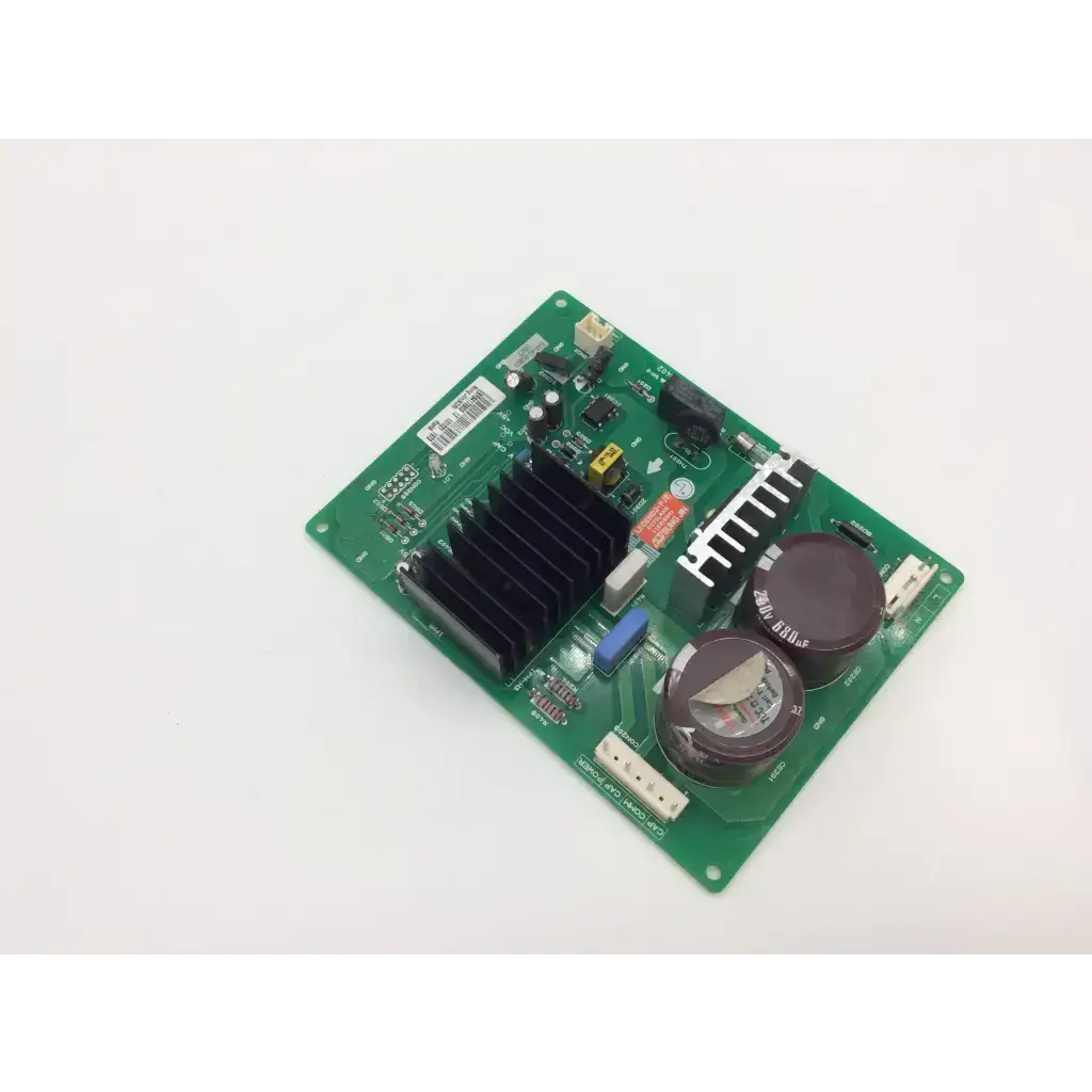 Green fridge control board ebr64173903 with black heat sinks brown capacitors and electronic components for lg fridge