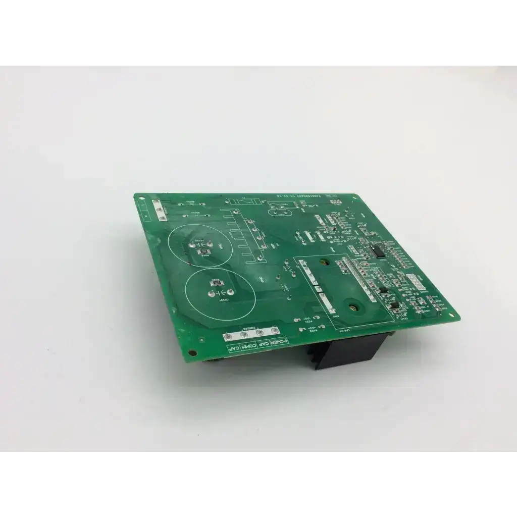 Green rectangular fridge control board ebr64173903 with electronic components and white circular outlines for lg fridge