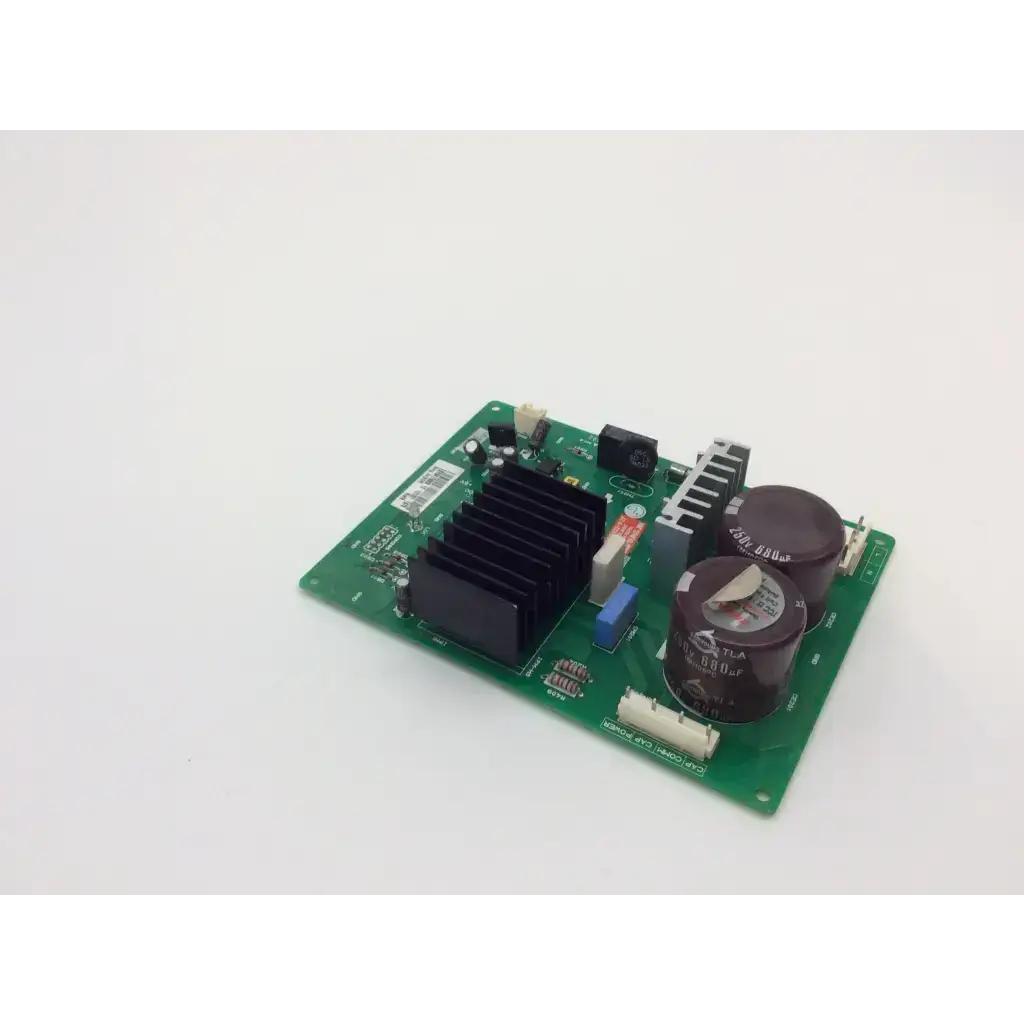 Green fridge control board ebr64173903 with black heat sink brown capacitors and electronic components ean40183801