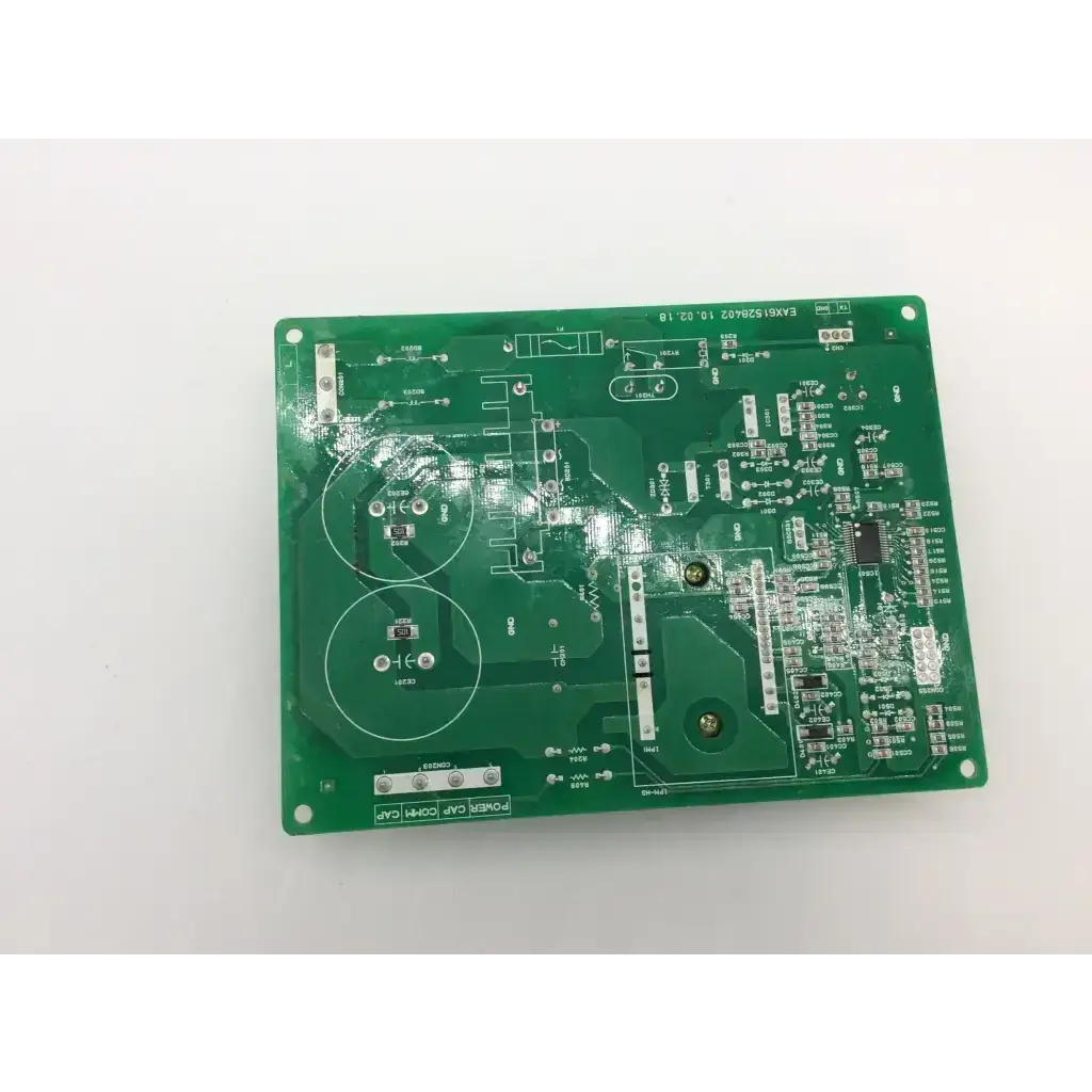 Green fridge control board ebr64173903 with silver soldered components and white trace lines for a1 lg fridge model