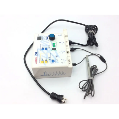 White aaron bovie 950 electrosurgical unit generator with blue green buttons black rotary dial and attached cables