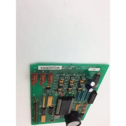 Green printed circuit board mcu pwa board with electronic components and abbott laboratories barcode label for biomedical service