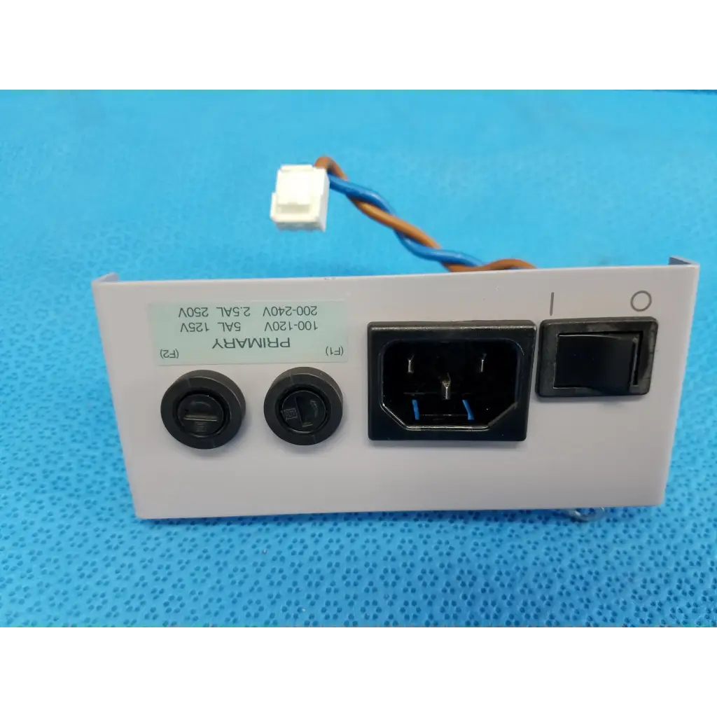 White rectangular power entry panel with black ports and toggle switch for topcon trc-nw8 retinal camera power entry