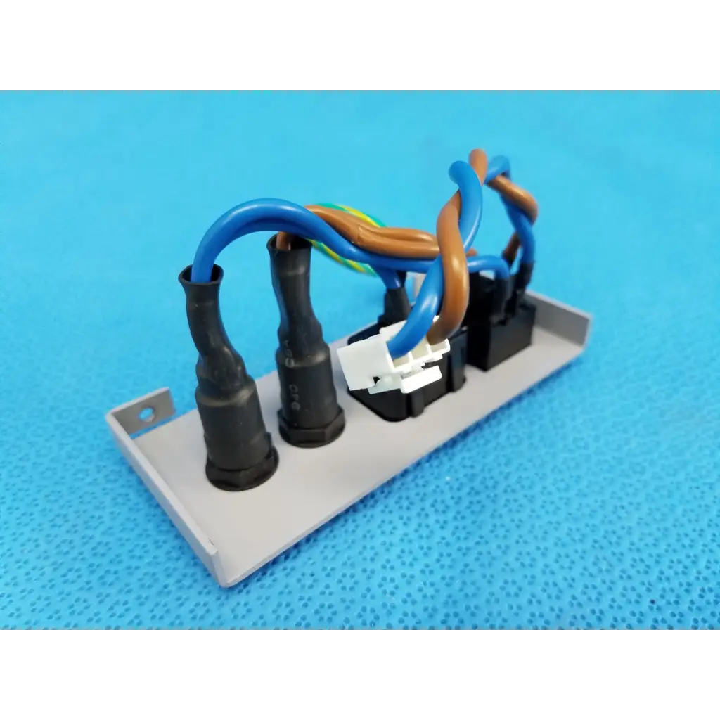 Gray plastic power entry panel with black connectors and colored wires for retinal camera topcon trc-nw8 back side