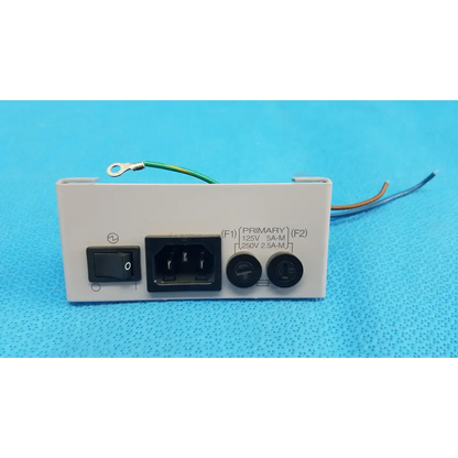 White plastic ac power input plate assembly with fuse holder switch and labeled sockets for topcon trc-nw6s retinal camera