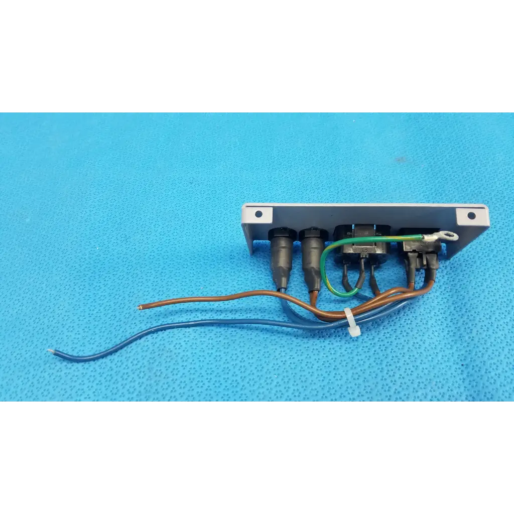 Silver metal plate assembly with three black connectors fuse holder and power input for topcon trc-nw6s retinal camera backside