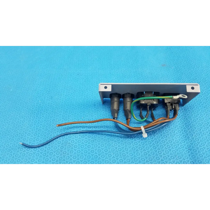 Silver metal plate assembly with three black connectors fuse holder and power input for topcon trc-nw6s retinal camera backside