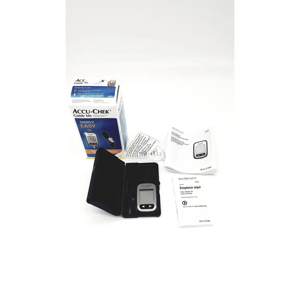 Black accu-chek guide me blood glucose meter testing device with small digital screen and two buttons in its case
