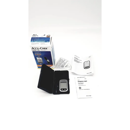 Black accu-chek guide me blood glucose meter testing device with small digital screen and two buttons in its case