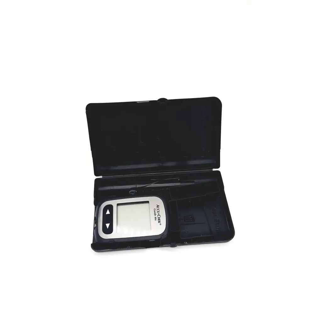 Accu-Chek Guide Me blood glucose meter black and silver with digital display in protective case for glucose meter testing