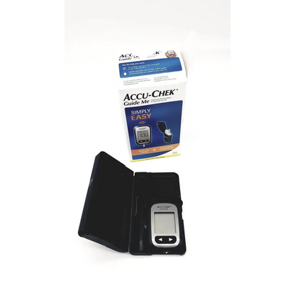 Black accu-chek guide me blood glucose meter testing device with sleek compact case silver accents and digital display