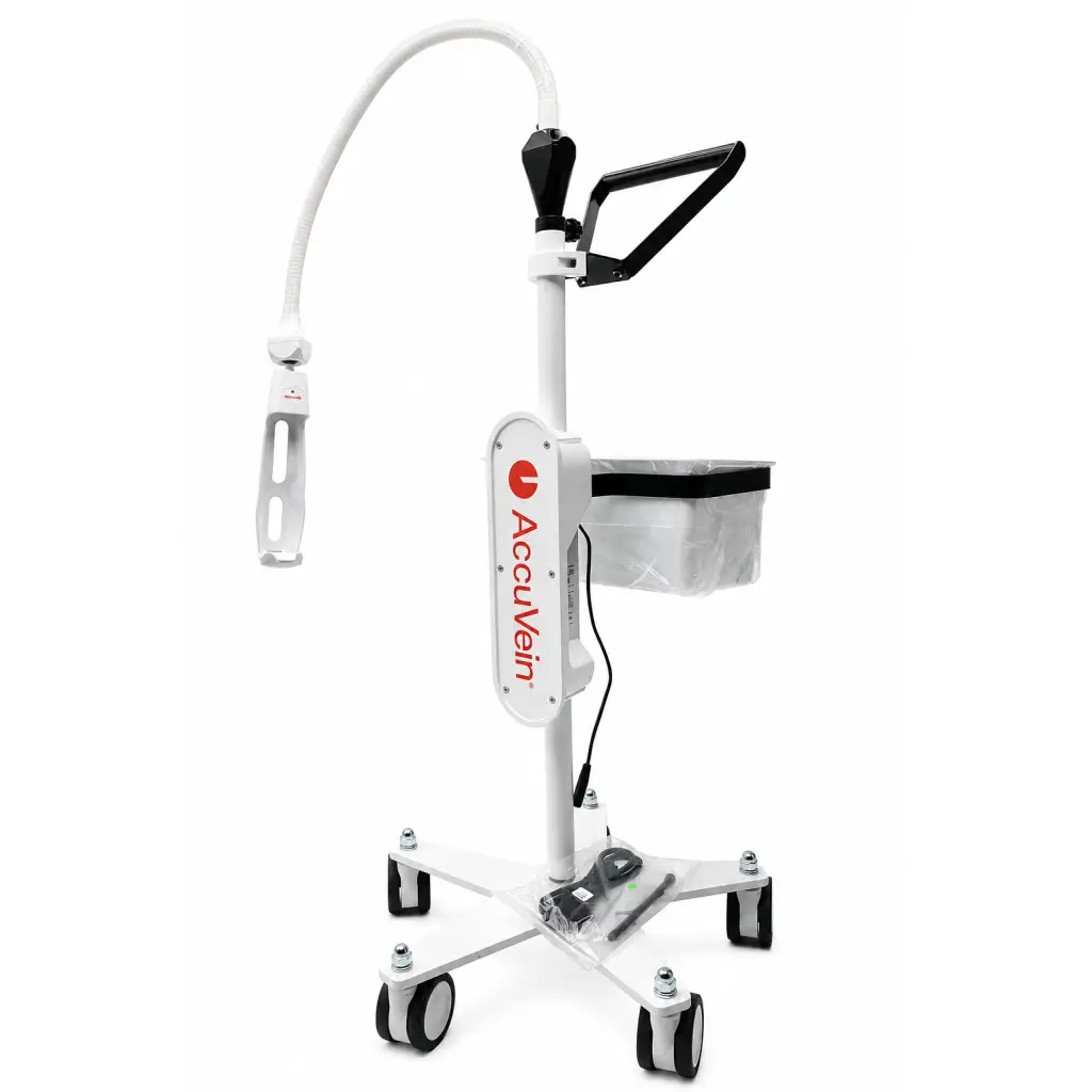 AccuVein HF580 biomed certified vein visualization system with white and black mobile stand and flexible gooseneck light