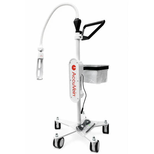 AccuVein HF580 vein visualization system with white and black mobile stand and flexible gooseneck light