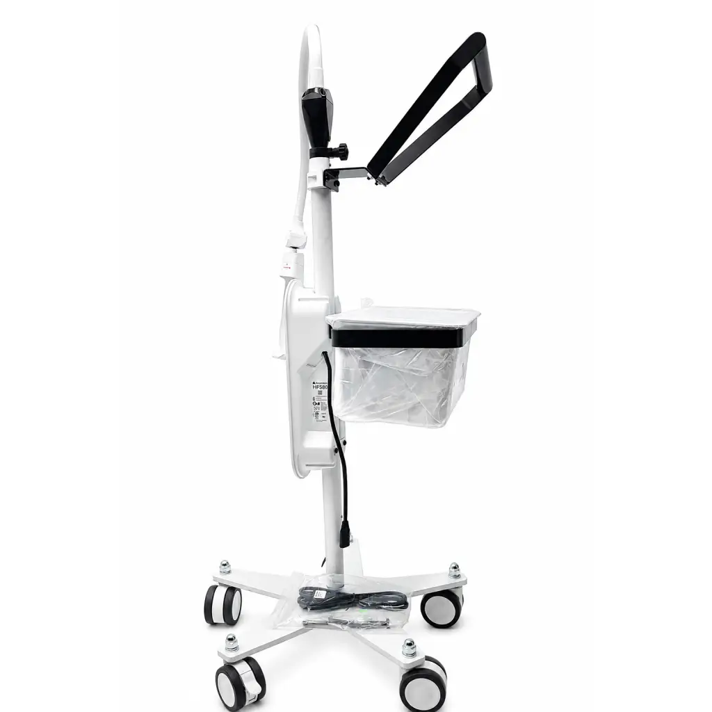 White medical cart with black accents featuring a wheeled mobile stand and tray for biomed certified vein visualization system