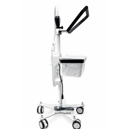 White medical cart with black accents featuring a wheeled mobile stand and tray for biomed certified vein visualization system