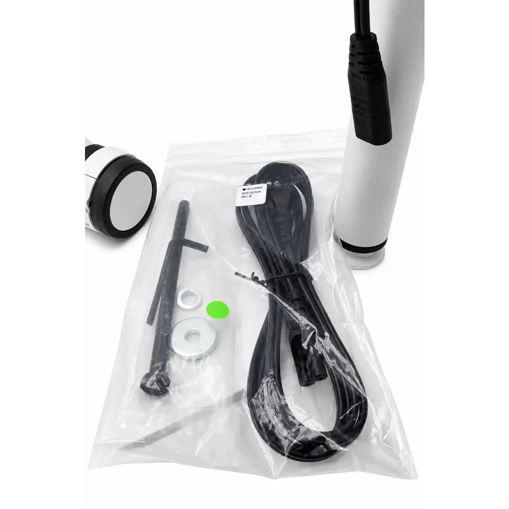 Black power cord with two connectors and green cap in clear packaging for accuvein hf580 vein visualization mobile stand biomed certified