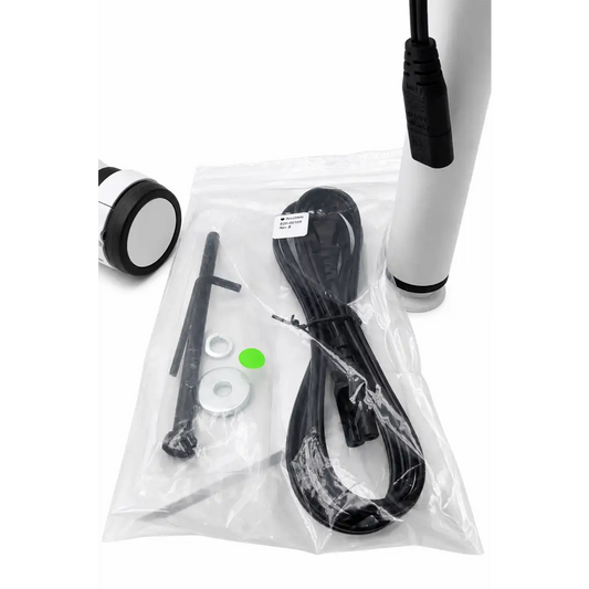 Black power cord with two connectors and green cap in clear packaging for accuvein hf580 vein visualization mobile stand