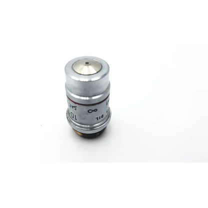 Achromat 100/1.25 cat 1079 silver metallic microscope objective lense with engraved markings and central aperture