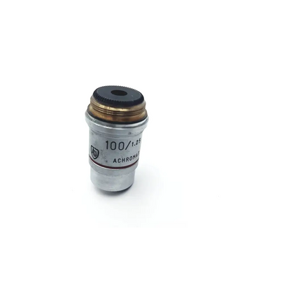 Silver achromat 100/1.25 microscope objective lense with black cap and brass ring for precise microscopy use