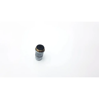Silver achromat 100/1.25 microscope objective lense with black threaded cap and engraved markings for precise microscopy