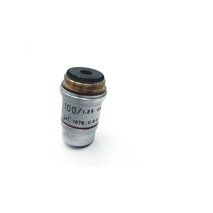 Silver achromat 100/1.25 microscope objective lense with black rubber seal and brass threading for precise imaging