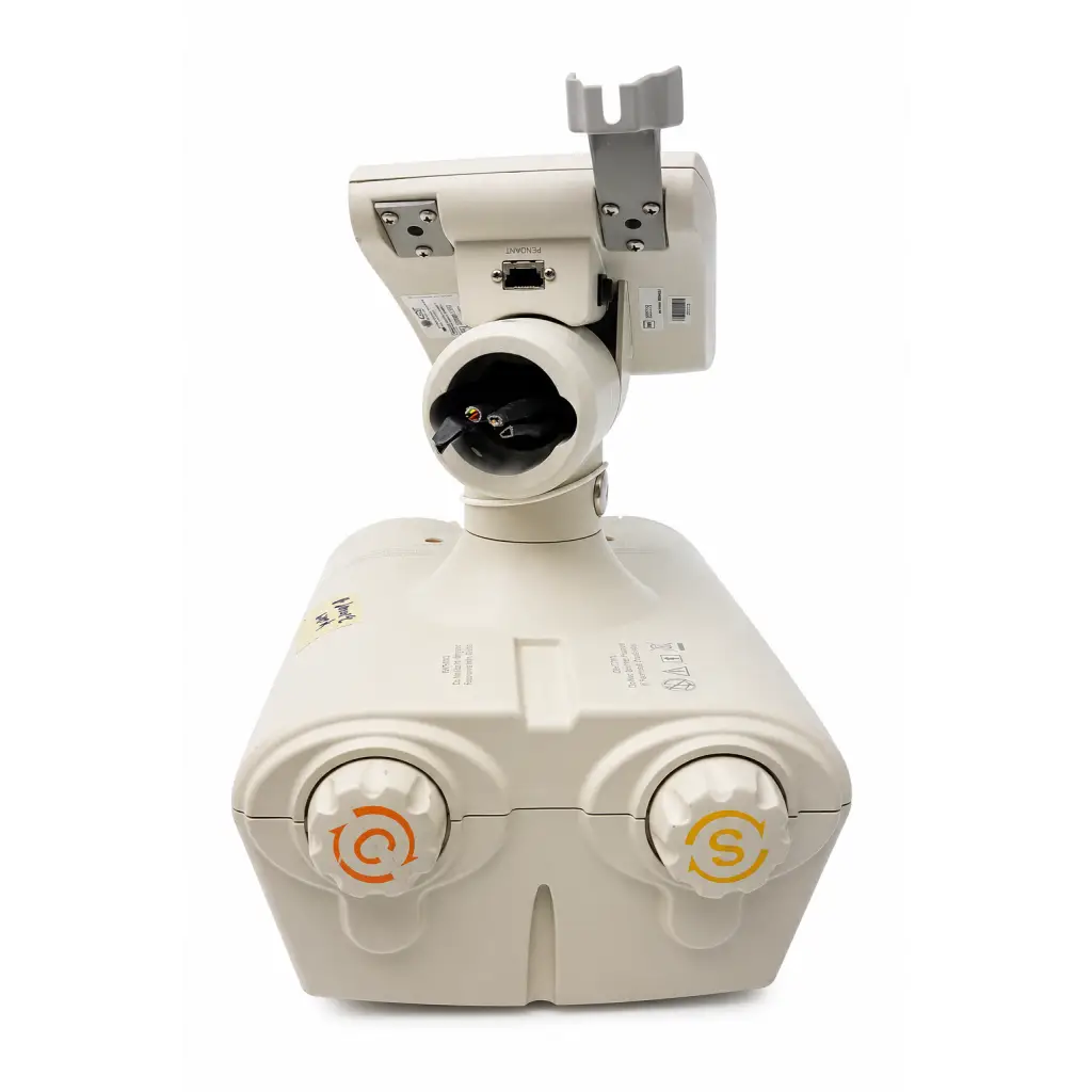 Off-white industrial security camera with swivel mount and orange control knobs for biomed certified acist empowercta contrast injector system