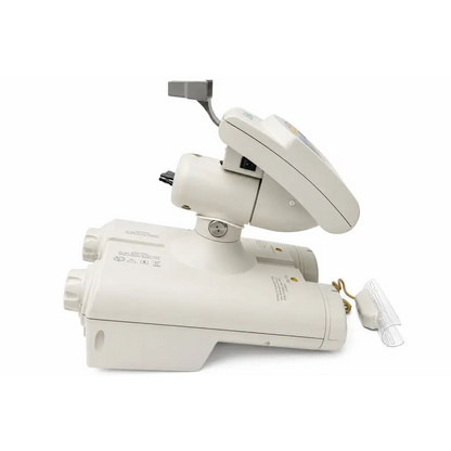 White medical ophthalmoscope with articulated arm and dual-lens housing for acist empowercta contrast injector biomed certified