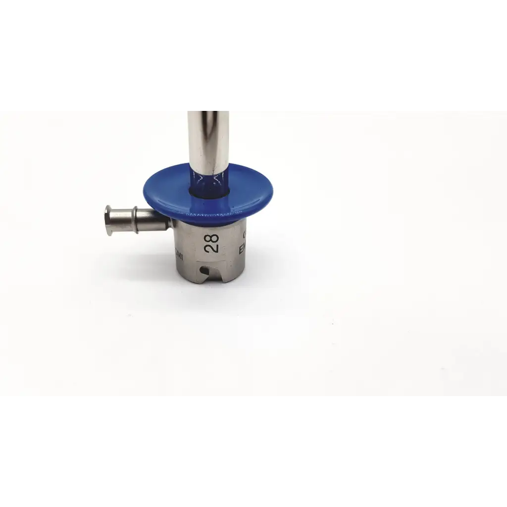 Acmi emrs-28 silver resectoscope sheath 28fr with blue plastic cap and engraved number 28 on metallic body