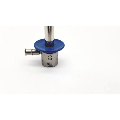 Acmi emrs-28 silver resectoscope sheath 28fr with blue plastic cap and engraved number 28 on metallic body