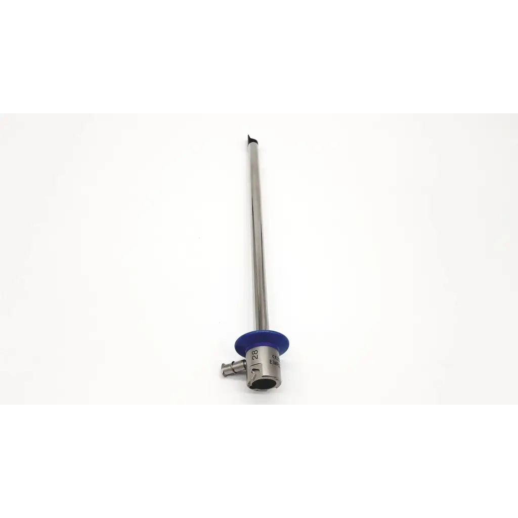 Silver acmi emrs-28 resectoscope sheath 28fr with blue circular handle and slender metallic shaft