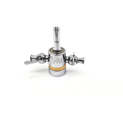 Silver metallic acmi g123 23fr cysto sheath with two side valves and central shaft marked 5.2g 23 fr for urology use