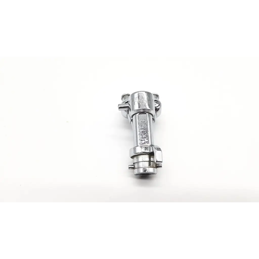 Silver metallic pipe clamp with hexagonal body and threaded ends for acmi g153 double channel cysto bridge