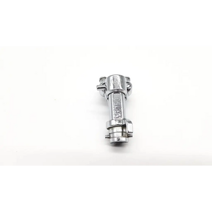 Silver metallic pipe clamp with hexagonal body and threaded ends for acmi g153 double channel cysto bridge
